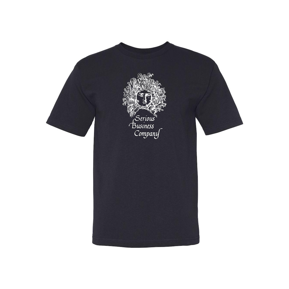 Black t-shirt with Medusa head and Serious Business Company written below.